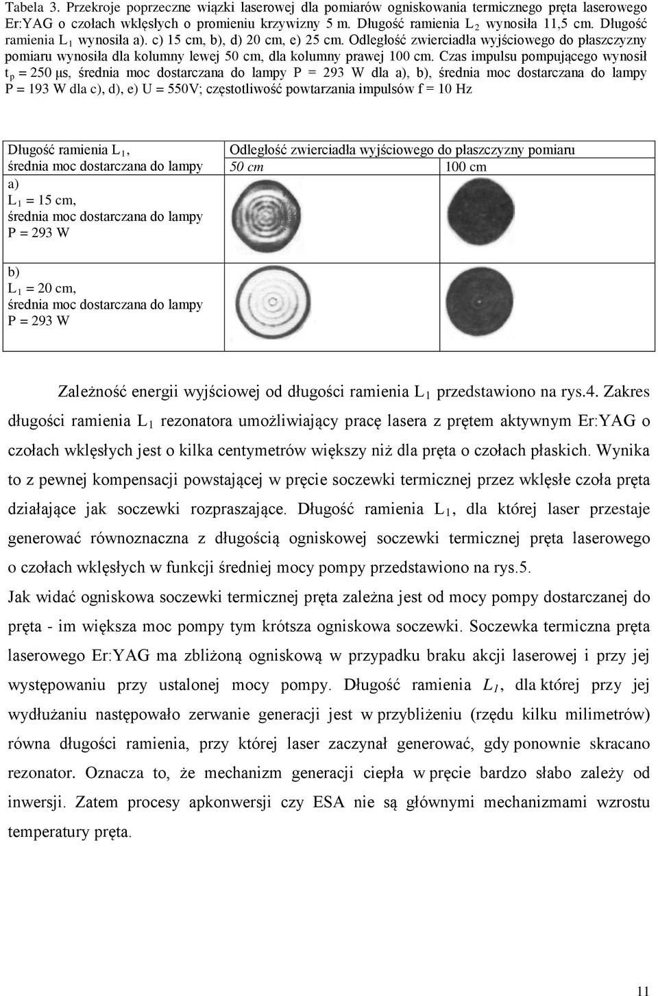 Czas impulsu pompującego wynosił t p = 5 μs, średnia moc dostarczana do lampy P = 93 W dla a), b), średnia moc dostarczana do lampy P = 93 W dla c), d), e) U = 55V; częstotliwość powtarzania impulsów