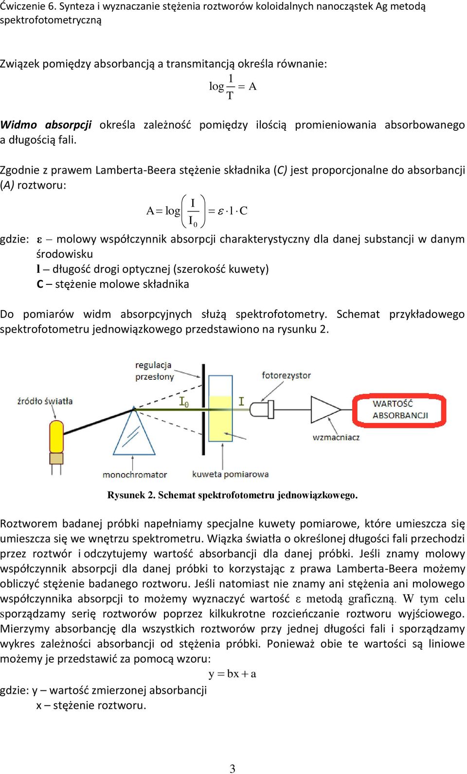 danym środowisku l długość drogi optycznej (szerokość kuwety) C stężenie molowe składnika Do pomiarów widm absorpcyjnych służą spektrofotometry.