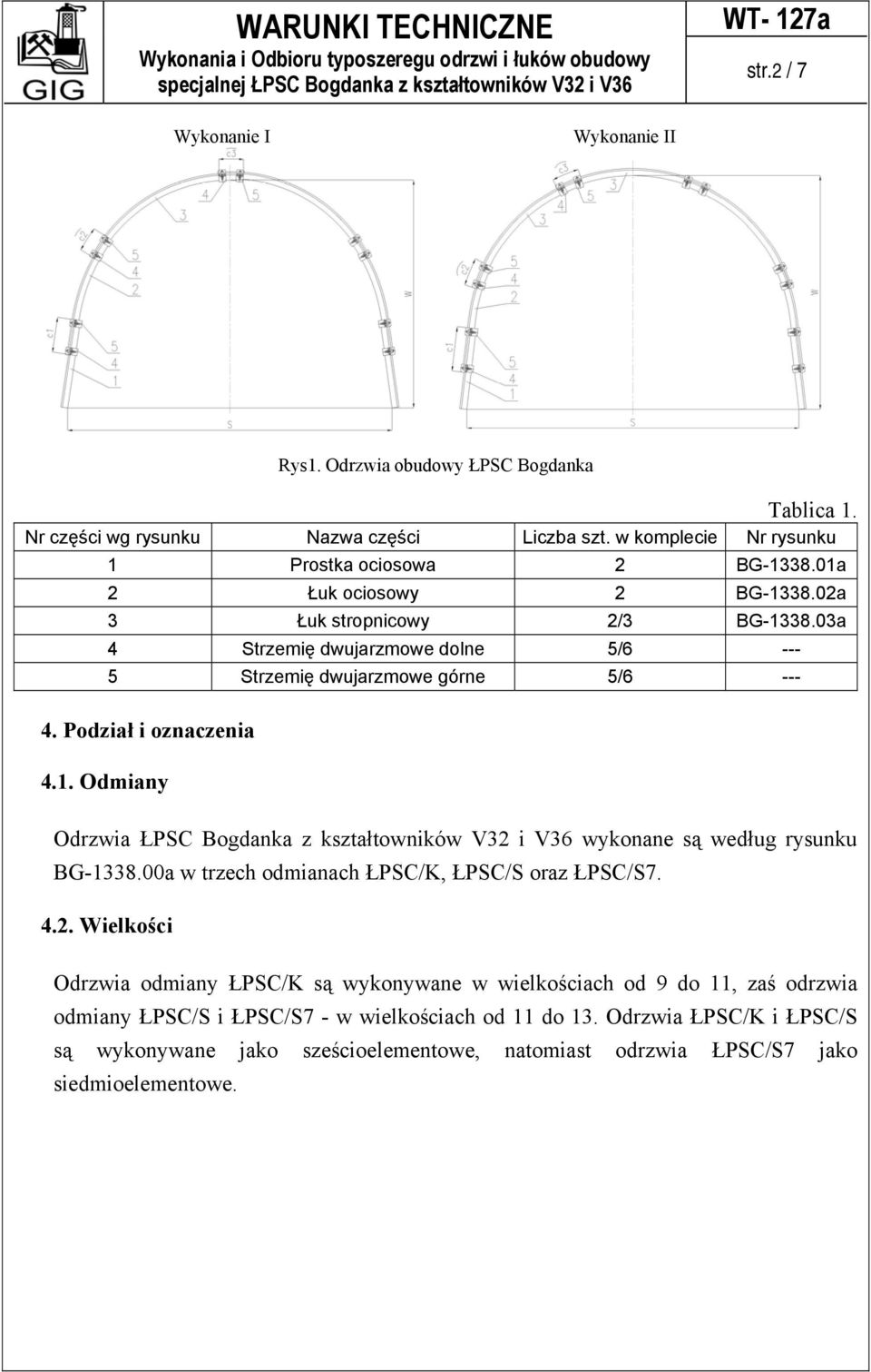 02a 3 Łuk stropnicowy 2/3 BG-1338.03a 4 Strzemię dwujarzmowe dolne 5/6 --- 5 Strzemię dwujarzmowe górne 5/6 --- 4. Podział i oznaczenia 4.1. Odmiany Odrzwia ŁPSC Bogdanka z kształtowników V32 i V36 wykonane są według rysunku BG-1338.