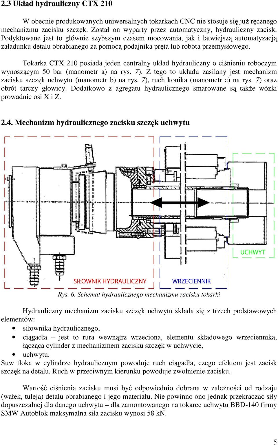 Tokarka CTX 210 posiada jeden centralny układ hydrauliczny o ciśnieniu roboczym wynoszącym 50 bar (manometr a) na rys. 7).