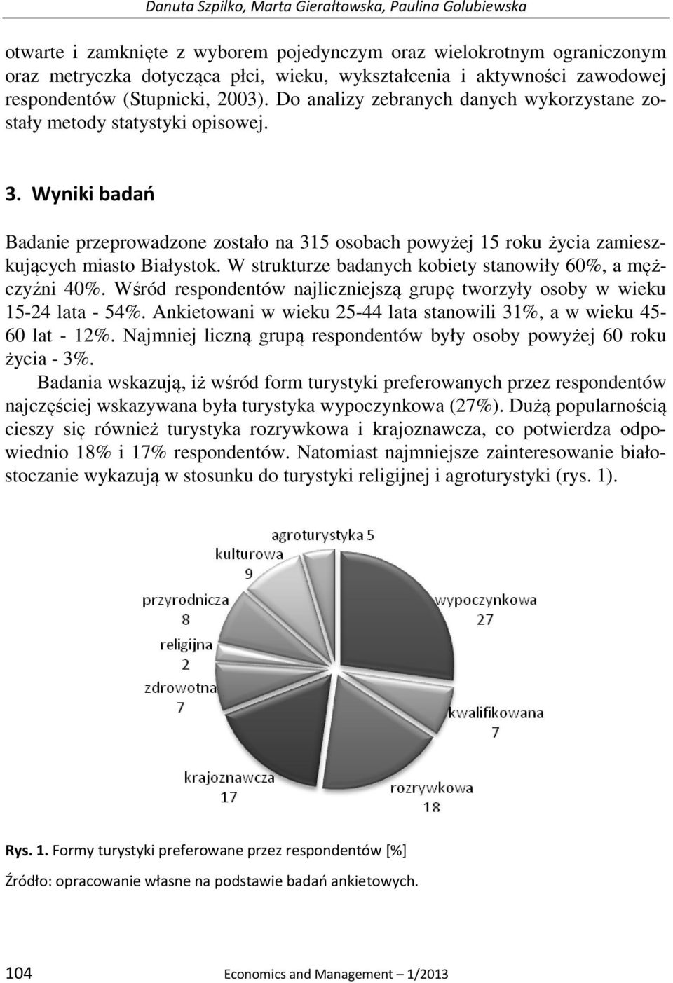 Wyniki badań Badanie przeprowadzone zostało na 315 osobach powyżej 15 roku życia zamieszkujących miasto Białystok. W strukturze badanych kobiety stanowiły 60%, a mężczyźni 40%.