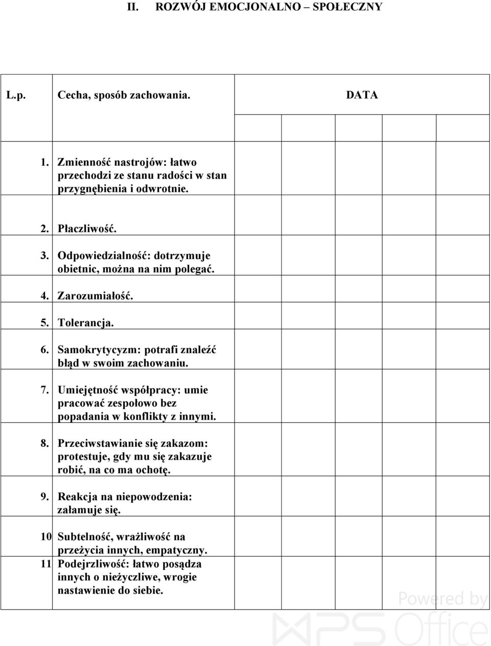 Umiejętność współpracy: umie pracować zespołowo bez popadania w konflikty z innymi. 8. Przeciwstawianie się zakazom: protestuje, gdy mu się zakazuje robić, na co ma ochotę.
