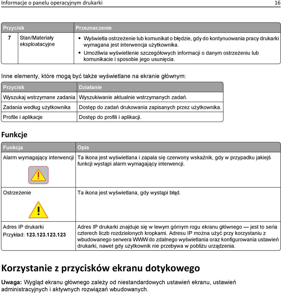 Inne elementy, które mogą być także wyświetlane na ekranie głównym: Przycisk Działanie Wyszukaj wstrzymane zadania Wyszukiwanie aktualnie wstrzymanych zadań.