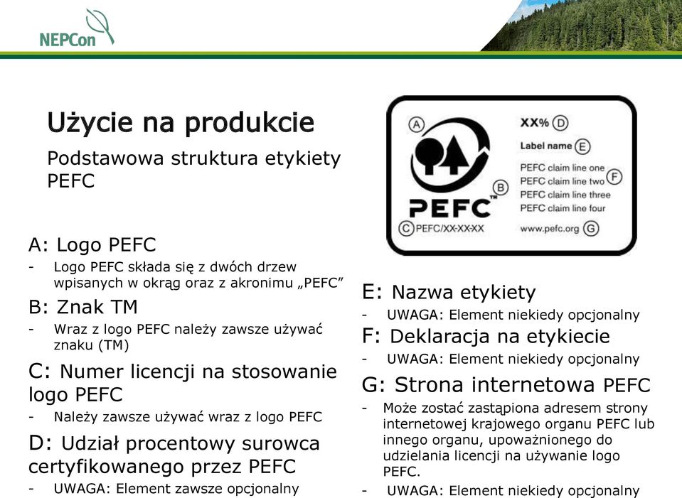 Element zawsze opcjonalny E: Nazwa etykiety - UWAGA: Element niekiedy opcjonalny F: Deklaracja na etykiecie - UWAGA: Element niekiedy opcjonalny G: Strona internetowa PEFC - Może