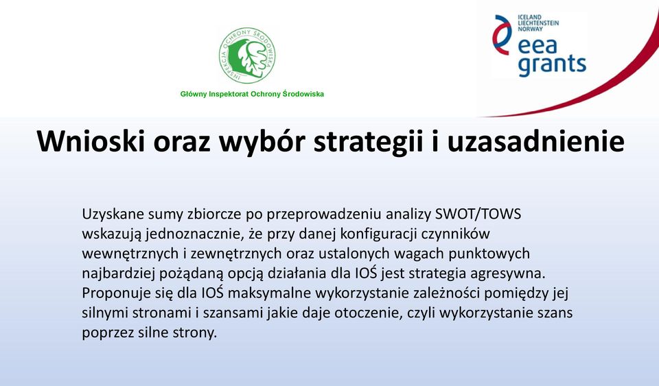 najbardziej pożądaną opcją działania dla IOŚ jest strategia agresywna.