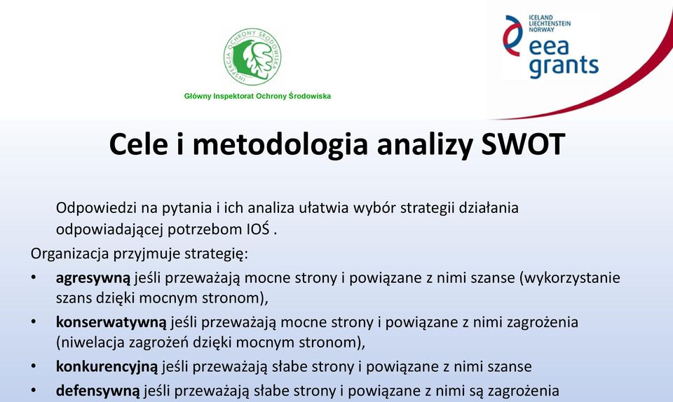 stronom), konserwatywną jeśli przeważają mocne strony i powiązane z nimi zagrożenia (niwelacja zagrożeń dzięki mocnym stronom),