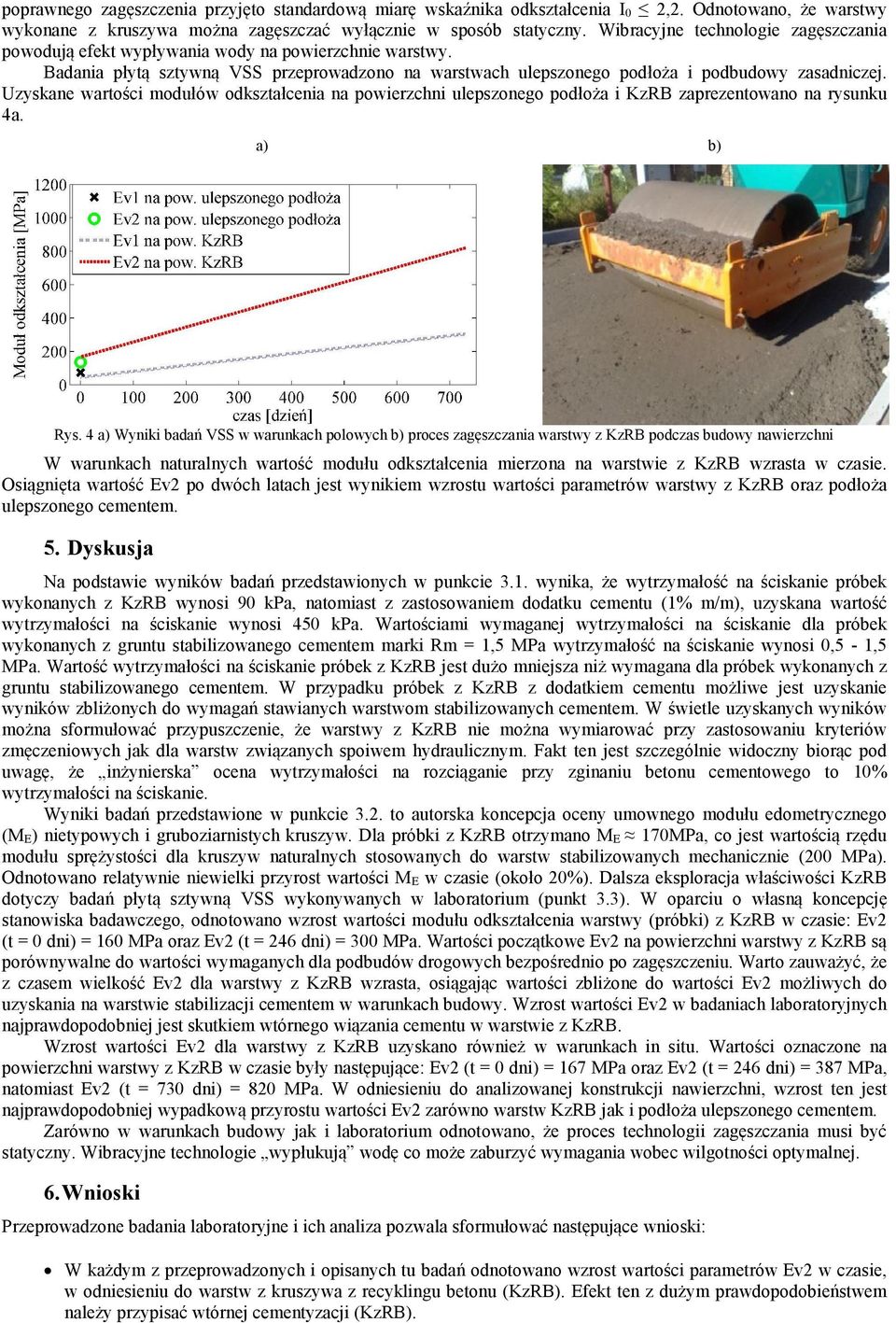 Uzyskane wartości modułów odkształcenia na powierzchni ulepszonego podłoża i KzRB zaprezentowano na rysunku 4a. a) b) Rys.