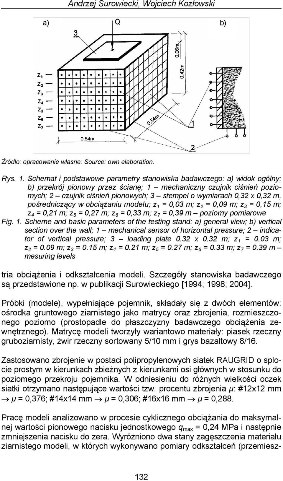 Schemat i podstawowe parametry stanowiska badawczego: a) widok ogólny; b) przekrój pionowy przez ścianę; 1 mechaniczny czujnik ciśnień poziomych; 2 czujnik ciśnień pionowych; 3 stempel o wymiarach