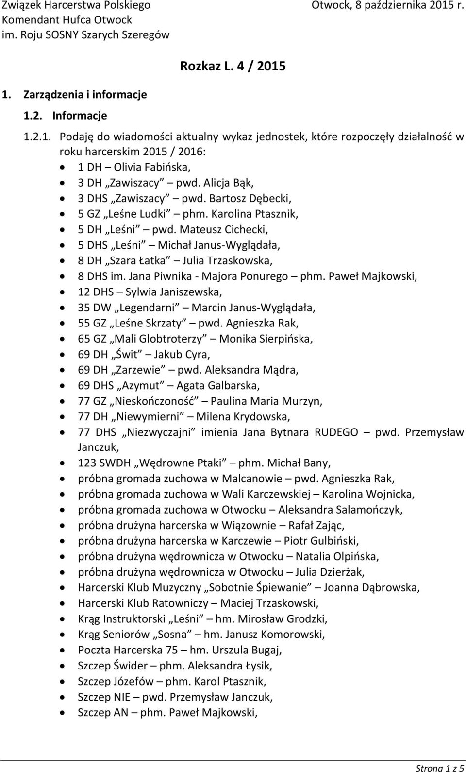 Zarządzenia i informacje 1.2. Informacje Rozkaz L. 4 / 2015 1.2.1. Podaję do wiadomości aktualny wykaz jednostek, które rozpoczęły działalność w roku harcerskim 2015 / 2016: 1 DH Olivia Fabińska, 3 DH Zawiszacy pwd.