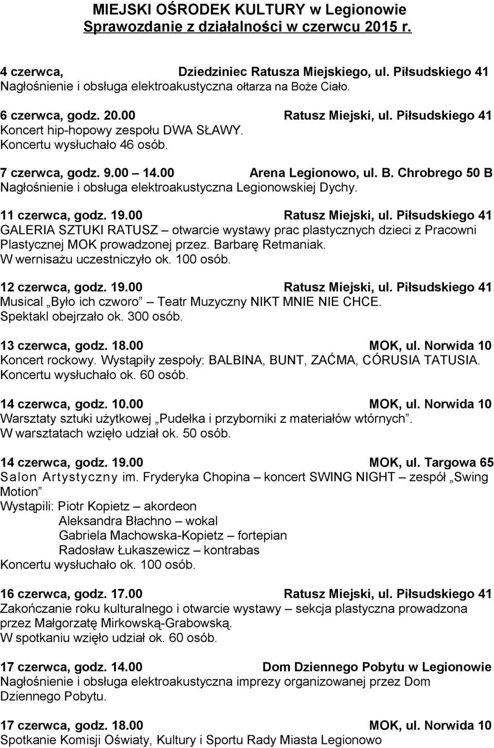 Koncertu wysłuchało 46 osób. 7 czerwca, godz. 9.00 14.00 Arena Legionowo, ul. B. Chrobrego 50 B Nagłośnienie i obsługa elektroakustyczna Legionowskiej Dychy. 11 czerwca, godz. 19.