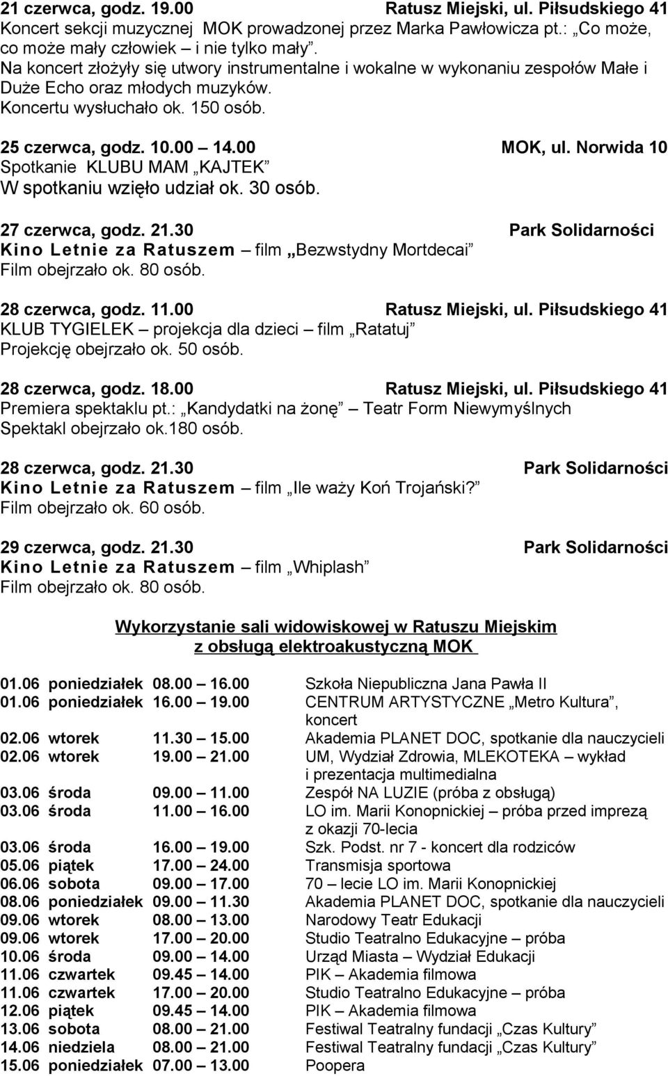 Norwida 10 Spotkanie KLUBU MAM KAJTEK W spotkaniu wzięło udział ok. 30 osób. 27 czerwca, godz. 21.30 Park Solidarności Kino Letnie za Ratuszem film Bezwstydny Mortdecai Film obejrzało ok. 80 osób.