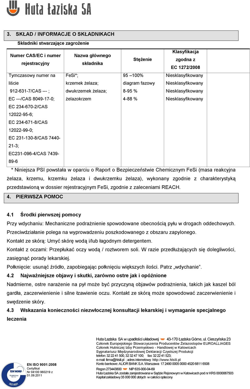 krzemek żelaza; diagram fazowy Niesklasyfikowany dwukrzemek żelaza; 8-95 % Niesklasyfikowany żelazokrzem 4-88 % Niesklasyfikowany * Niniejsza PSI powstała w oparciu o Raport o Bezpieczeństwie