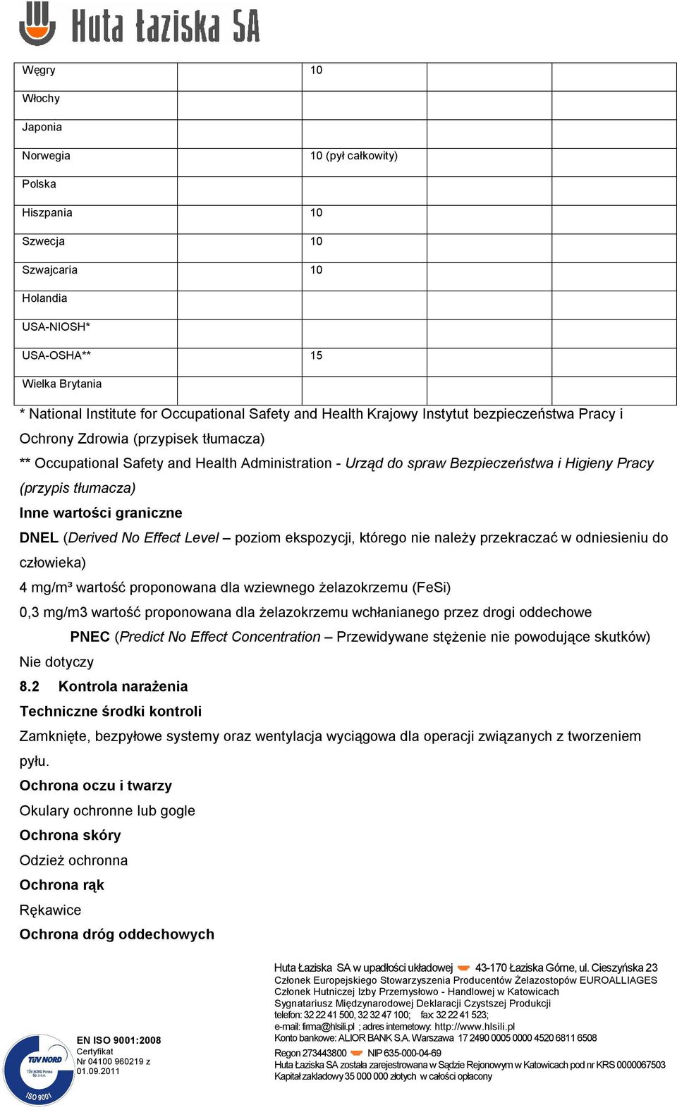 Inne wartości graniczne DNEL (Derived No Effect Level poziom ekspozycji, którego nie należy przekraczać w odniesieniu do człowieka) 4 mg/m³ wartość proponowana dla wziewnego żelazokrzemu (FeSi) 0,3