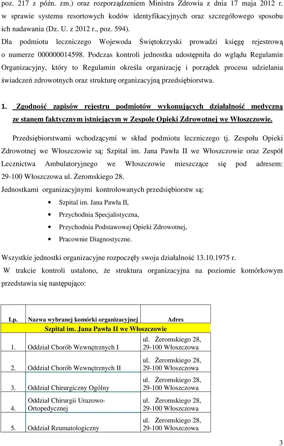 Podczas kontroli jednostka udostępniła do wglądu Regulamin Organizacyjny, który to Regulamin określa organizację i porządek procesu udzielania świadczeń zdrowotnych oraz strukturę organizacyjną