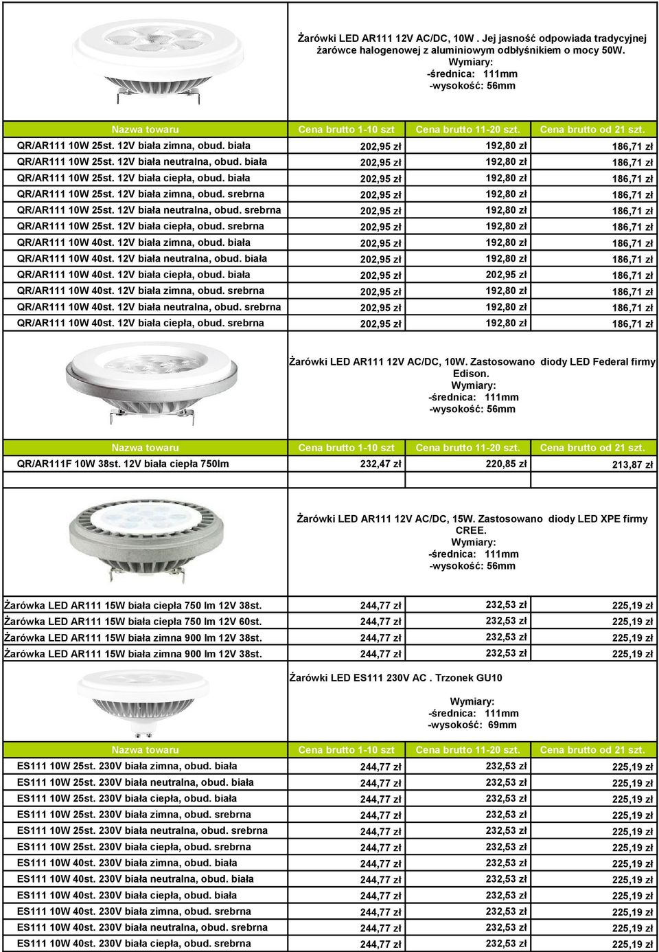 biała 202,95 zł 192,80 zł 186,71 zł QR/AR111 10W 25st. 12V biała zimna, obud. srebrna 202,95 zł 192,80 zł 186,71 zł QR/AR111 10W 25st. 12V biała neutralna, obud.