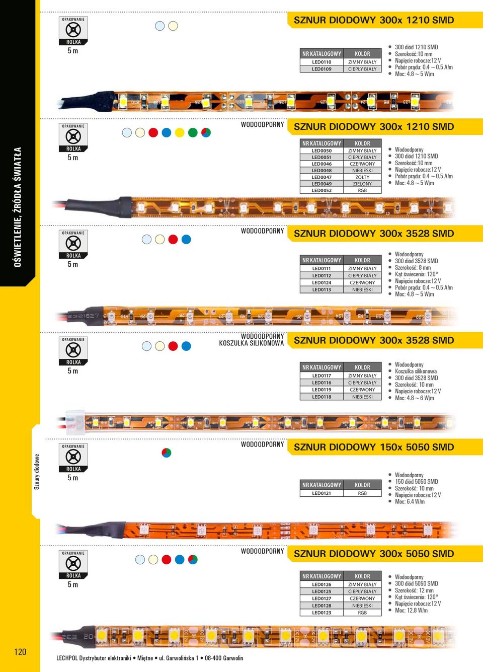 ŻÓŁTY ZIELONY RGB zimny biały Wodoodporny 300 diód 1210 SMD Szerokość:10 mm Napięcie robocze:12 V Pobór prądu: 0.4~0.5 A/m Moc: 4.