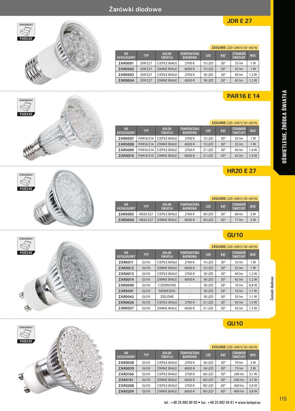 2 W PAR16 E 14 ZAR0007 PAR16 E14 ciepłe białe 2700 K 15 30 33 lm 1 W ZAR0008 PAR16 E14 zimne białe 6000 K 15 30 35 lm 1 W ZAR0009 PAR16 E14 ciepłe białe 2700 K 21 30 40 lm 1.