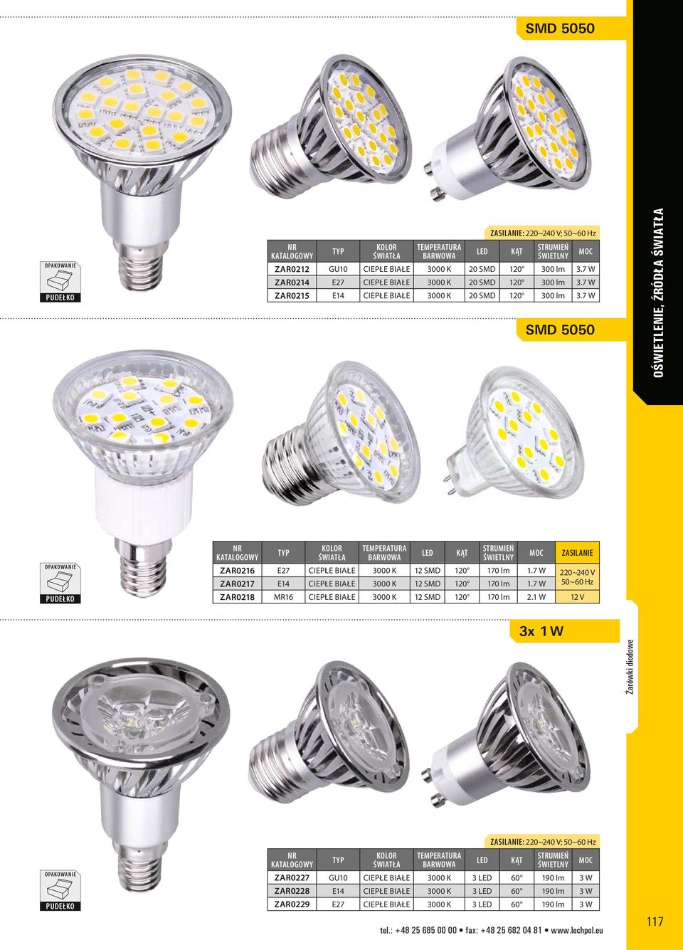 7 W 220~240 V ZAR0217 E14 ciepłe białe 3000 K 12 SMD 120 170 lm 1.7 W 50~60 Hz ZAR0218 MR16 ciepłe białe 3000 K 12 SMD 120 170 lm 2.