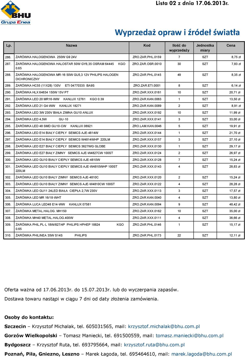 ŻARÓWKA HLX 64634 150W 15V PT ZRO.ZAR.XXX.0161 10 SZT 20,71 zł 291. ŻARÓWKA LED 20 MR16-WW KANLUX 12761 KGO 0.39 ZRO.ZAR.KAN.0063 1 SZT 13,50 zł 292. ŻARÓWKA LED 21 G4-WW KANLUX 18271 ZRO.ZAR.KAN.0089 2 SZT 8,91 zł 293.