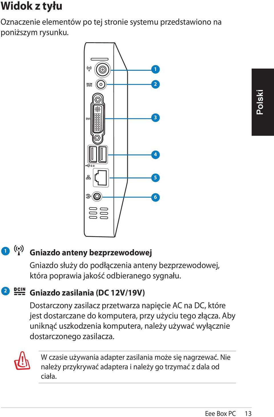 Gniazdo zasilania (DC 12V 19V) Dostarczony zasilacz przetwarza napięcie AC na DC, które jest dostarczane do komputera, przy użyciu tego złącza.