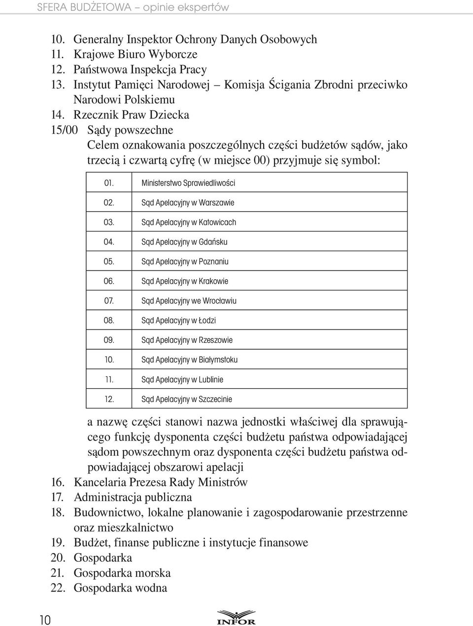 Rzecznik Praw Dziecka 15/00 Sądy powszechne Celem oznakowania poszczególnych części budżetów sądów, jako trzecią i czwartą cyfrę (w miejsce 00) przyjmuje się symbol: 01.