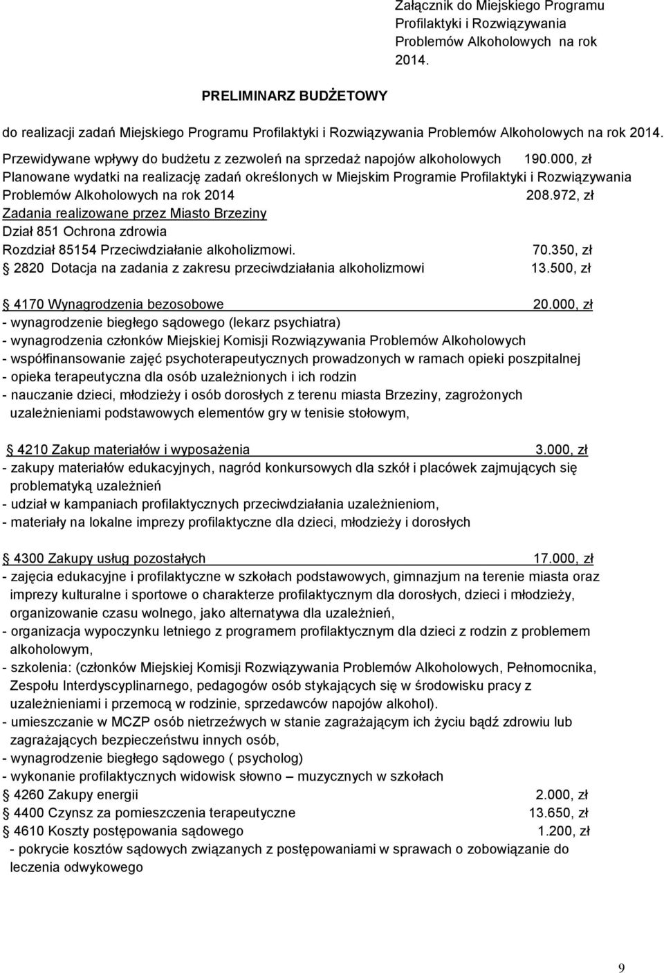 Przewidywane wpływy do budżetu z zezwoleń na sprzedaż napojów alkoholowych 190.