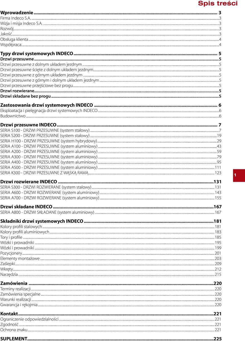..5 Drzwi przesuwne przejściowe bez progu...5 Drzwi rozwierane...5 Drzwi składane bez progu...5 Zastosowania drzwi systemowych INDECO... 6 Eksploatacja i pielęgnacja drzwi systemowych INDECO.