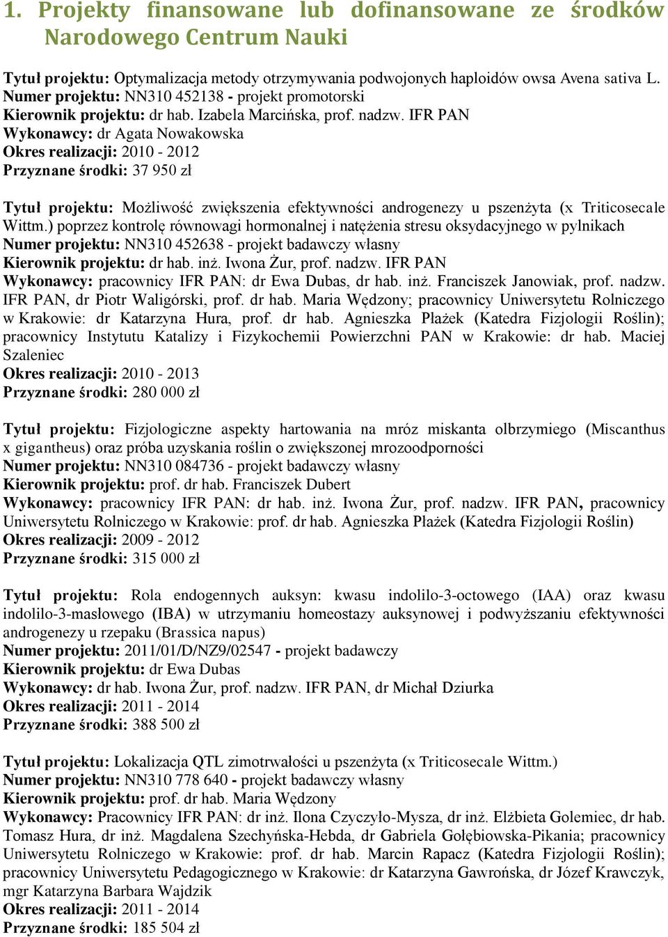 IFR PAN Wykonawcy: dr Agata Nowakowska Przyznane środki: 37 950 zł Tytuł projektu: Możliwość zwiększenia efektywności androgenezy u pszenżyta (x Triticosecale Wittm.