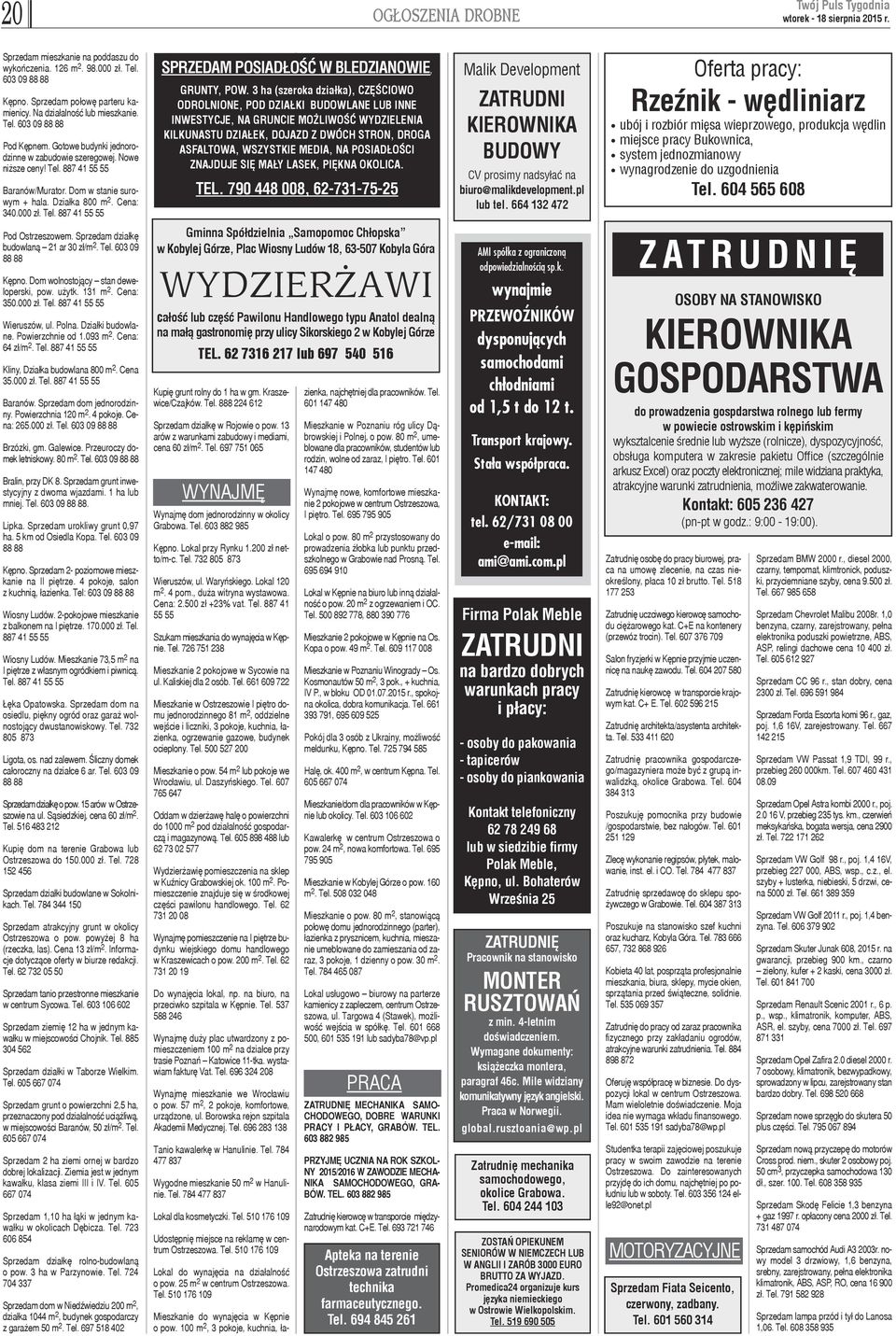 Tel. 887 41 55 55 SPRZEDAM POSIAD OŒÆ W BLEDZIANOWIE, GRUNTY, POW.