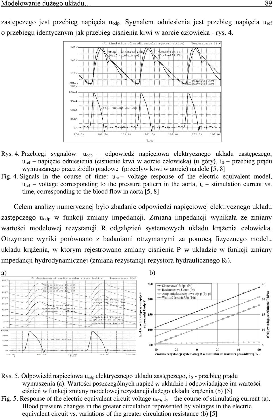Przebiegi sygnałów: u odp odpowiedź napięciowa elektrycznego układu zastępczego, u ref napięcie odniesienia (ciśnienie krwi w aorcie człowieka) (u góry), i S przebieg prądu wymuszanego przez źródło
