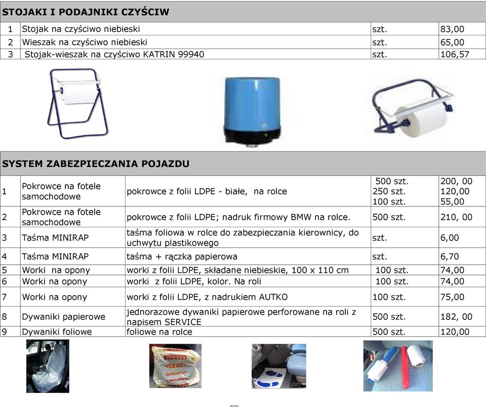 500 0, 00 Taśma MINIRAP taśma foliowa w rolce do zabezpieczania kierownicy, do uchwytu plastikowego 6,00 Taśma MINIRAP taśma + rączka papierowa 6,70 5 6 Worki na opony Worki na opony worki z folii