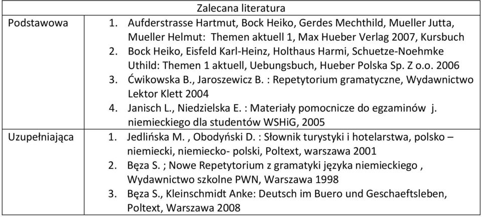 : Repetytorium gramatyczne, Wydawnictwo Lektor Klett 2004 4. Janisch L., Niedzielska E. : Materiały pomocnicze do egzaminów j. niemieckiego dla studentów WSHiG, 2005 Uzupełniająca 1. Jedlińska M.