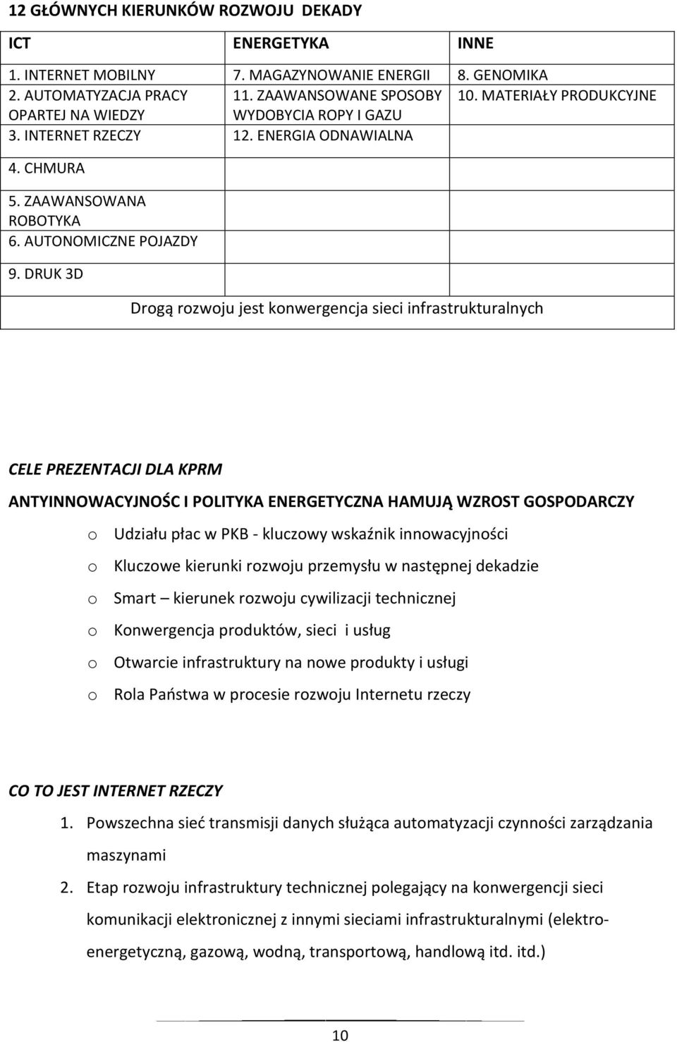 DRUK 3D Drogą rozwoju jest konwergencja sieci infrastrukturalnych CELE PREZENTACJI DLA KPRM ANTYINNOWACYJNOŚC I POLITYKA ENERGETYCZNA HAMUJĄ WZROST GOSPODARCZY o Udziału płac w PKB - kluczowy