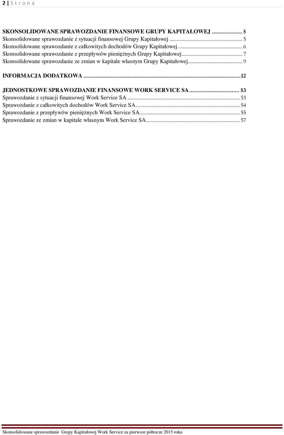 .. 7 Skonsolidowane sprawozdanie ze zmian w kapitale własnym Grupy Kapitałowej... 9 INFORMACJA DODATKOWA... 12 JEDNOSTKOWE SPRAWOZDANIE FINANSOWE WORK SERVICE SA.