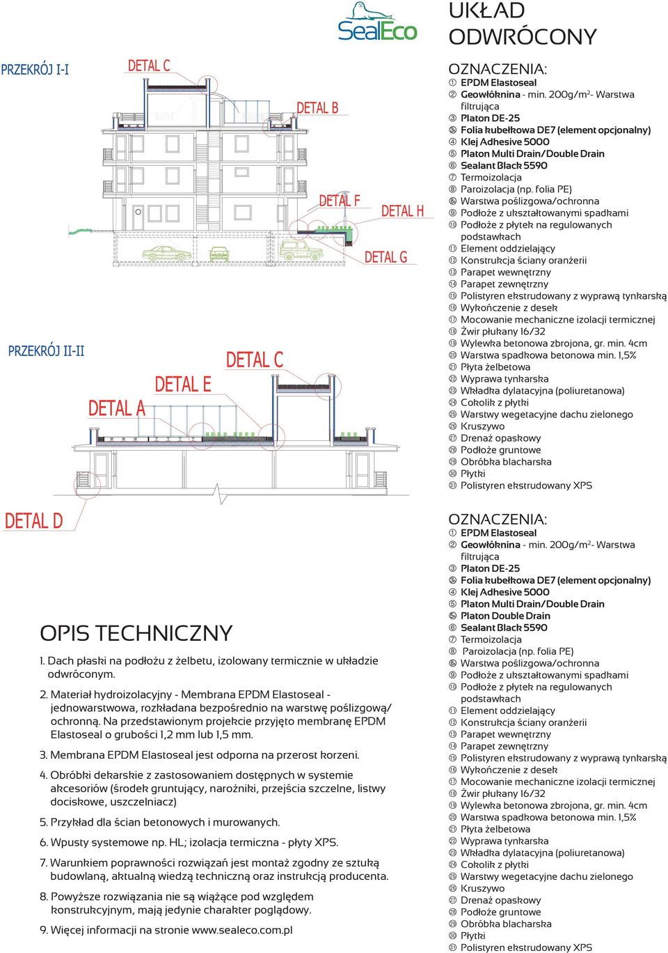 Na przedstawionym projekcie przyjęto membranę EPDM Elastoseal o grubości 1,2 mm lub 1,5 mm. 3. Membrana EPDM Elastoseal jest odporna na przerost korzeni. 4.