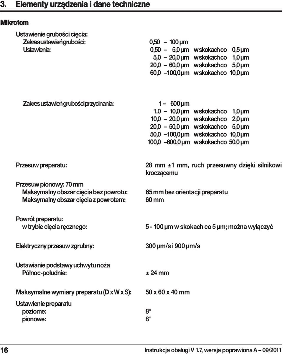 0 10,0 μm w skokach co 1,0 μm 10,0 20,0 μm w skokach co 2,0 μm 20,0 50,0 μm w skokach co 5,0 μm 50,0 100,0 μm w skokach co 10,0 μm 100,0 600,0 μm w skokach co 50,0 μm Przesuw preparatu: Przesuw