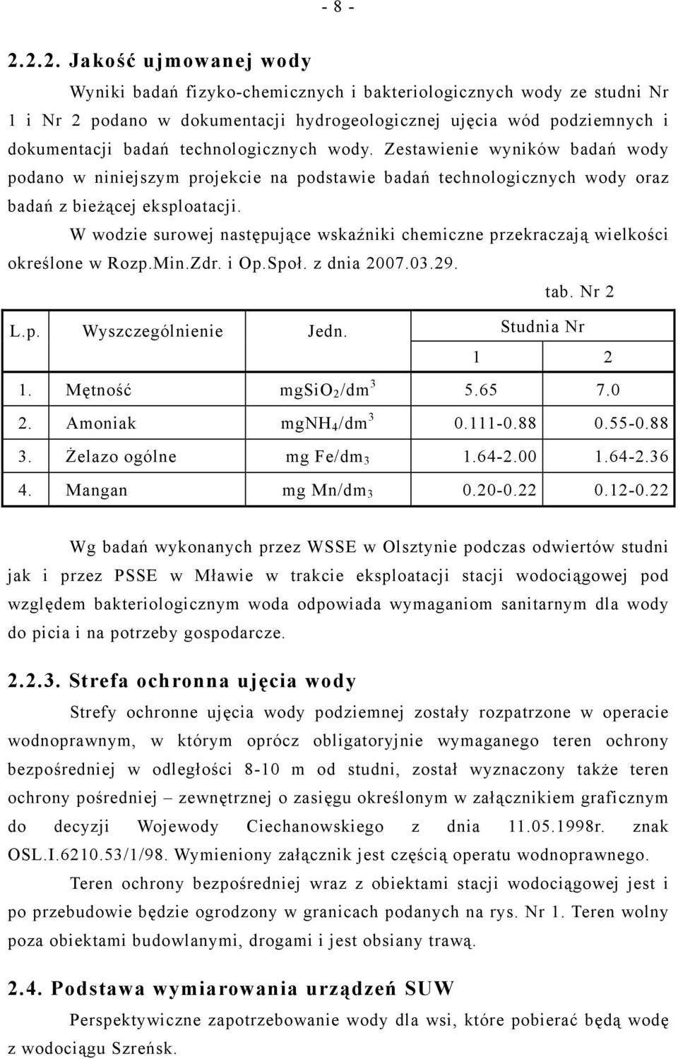 technologicznych wody. Zestawienie wyników badań wody podano w niniejszym projekcie na podstawie badań technologicznych wody oraz badań z bieżącej eksploatacji.