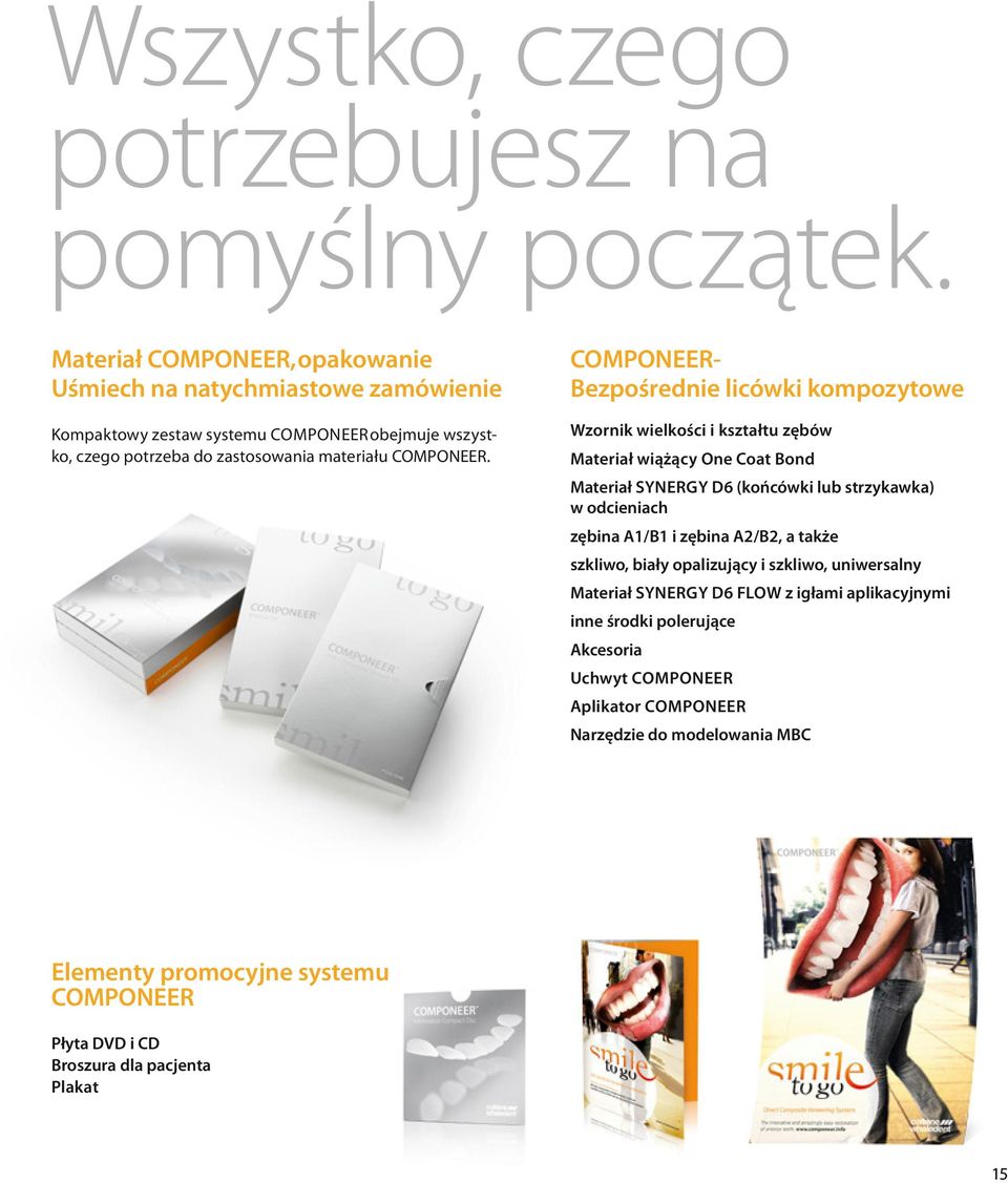 - Bezpośrednie licówki kompozytowe Wzornik wielkości i kształtu zębów Materiał wiążący One Coat Bond Materiał SYNERGY D6 (końcówki lub strzykawka) w odcieniach