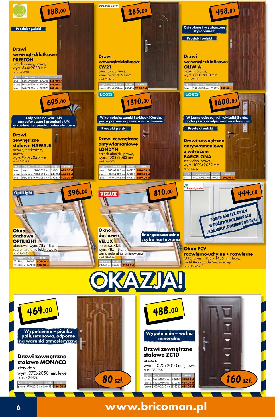 cena prawe 875x050 mm 33436 85,00 zł Drzwi wewnątrzklatkowe Oliwia orzech, prawe, wym. 800x000 mm nr ref. 99131 typ wymiary nr ref.