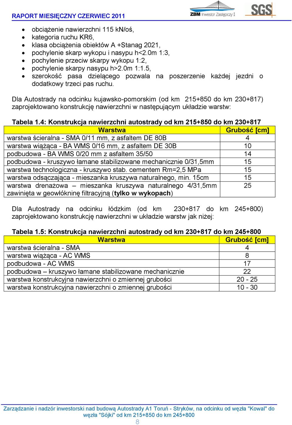 Dla Autostrady na odcinku kujawsko-pomorskim (od km 215+850 do km 230+817) zaprojektowano konstrukcję nawierzchni w następującym układzie warstw: Tabela 1.