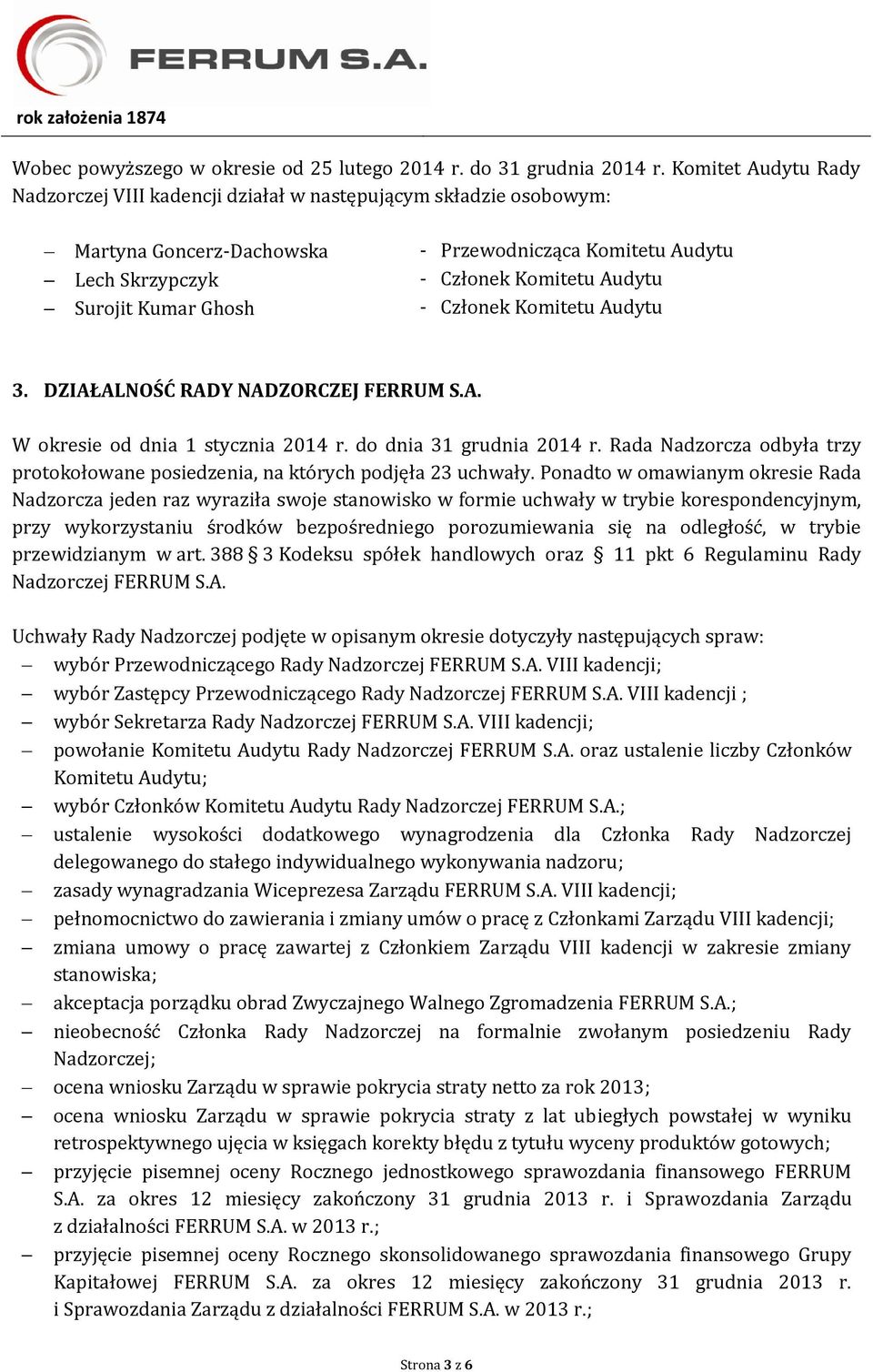 Audytu 3. DZIAŁALNOŚĆ RADY NADZORCZEJ FERRUM S.A. W okresie od dnia 1 stycznia 2014 r. do dnia 31 grudnia 2014 r. Rada Nadzorcza odbyła trzy protokołowane posiedzenia, na których podjęła 23 uchwały.