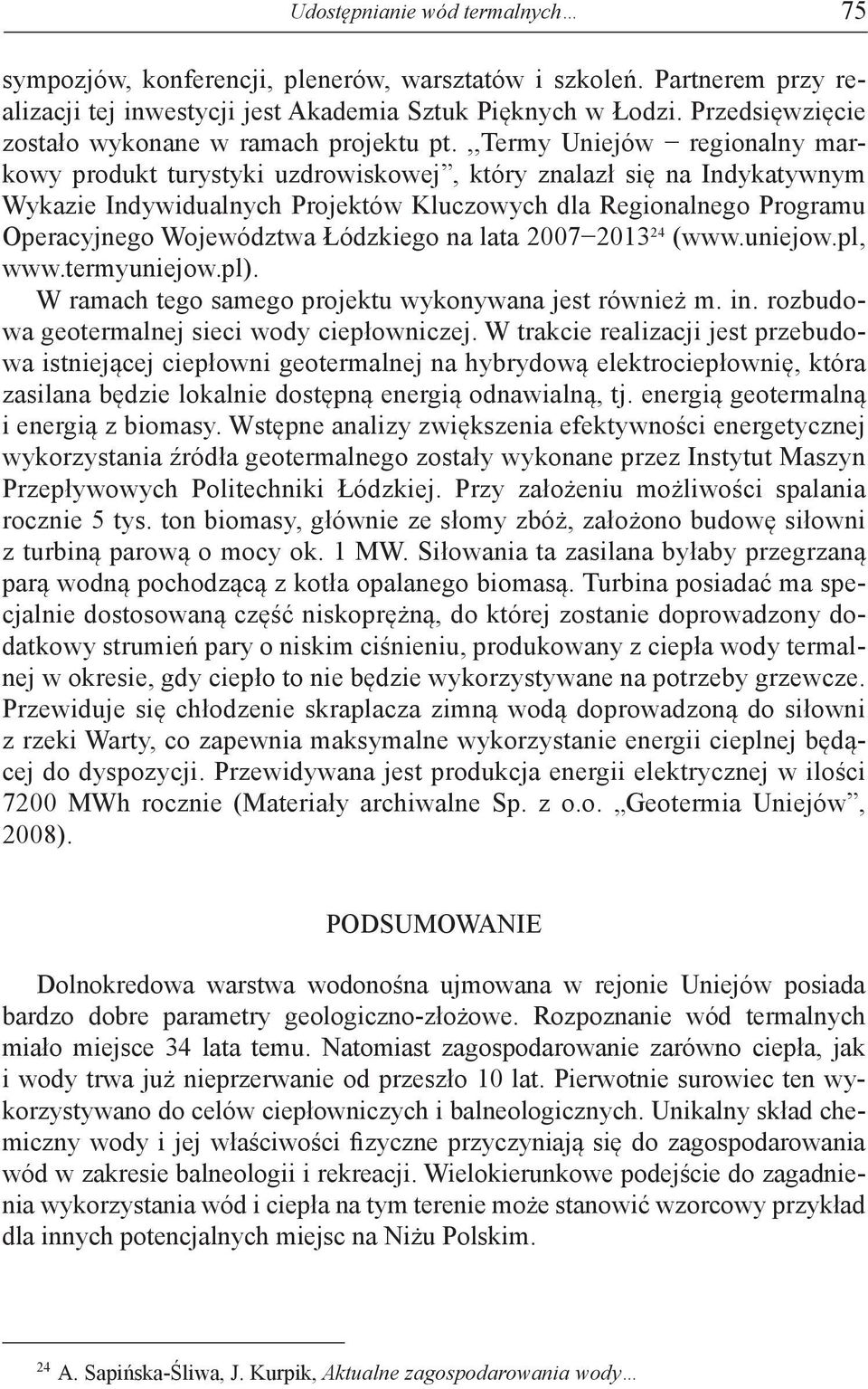 ,,termy Uniejów regionalny markowy produkt turystyki uzdrowiskowej, który znalazł się na Indykatywnym Wykazie Indywidualnych Projektów Kluczowych dla Regionalnego Programu Operacyjnego Województwa