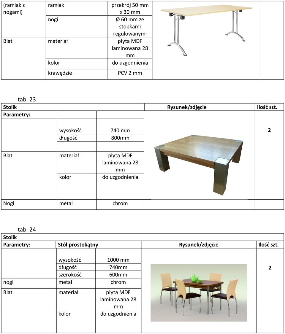 Parametry: wysokość długość 740 800 Blat materiał płyta MDF laminowana 8 Nogi metal chrom tab.