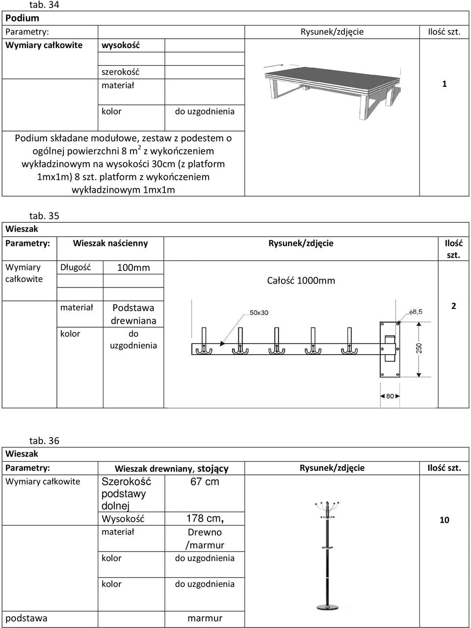 wysokości 30cm (z platform mxm) 8 szt. platform z wykończeniem wykładzinowym mxm tab. 35 Wieszak Parametry: Wieszak naścienny Rysunek/zdjęcie Ilość szt.