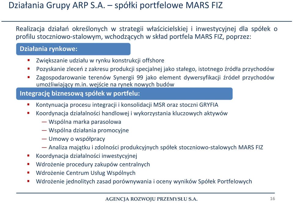 spółki portfelowe MARS FIZ Realizacja działań określonych w strategii właścicielskiej i inwestycyjnej dla spółek o profilu stoczniowo-stalowym, wchodzących w skład portfela MARS FIZ, poprzez: