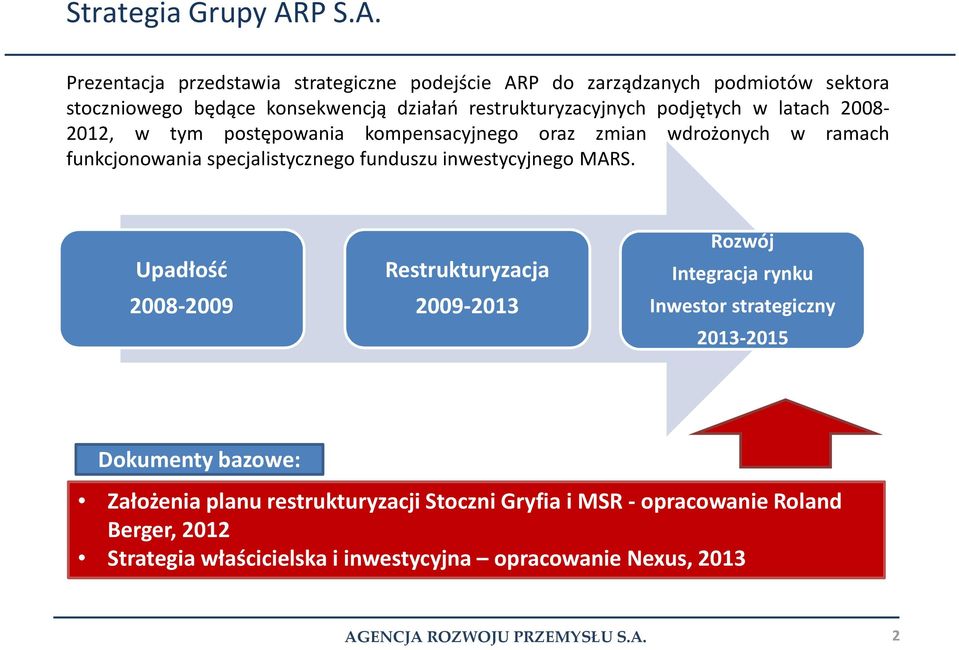 Prezentacja przedstawia strategiczne podejście ARP do zarządzanych podmiotów sektora stoczniowego będące konsekwencją działań restrukturyzacyjnych