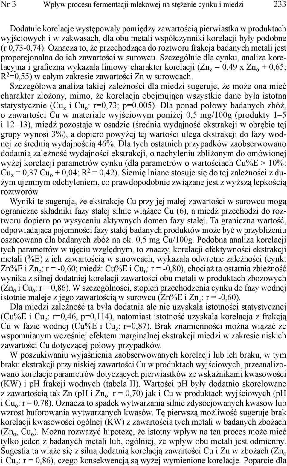 Szczególnie dla cynku, analiza korelacyjna i graficzna wykazała liniowy charakter korelacji (Zn z = 0,49 x Zn o + 0,65; R 2 =0,55) w całym zakresie zawartości Zn w surowcach.
