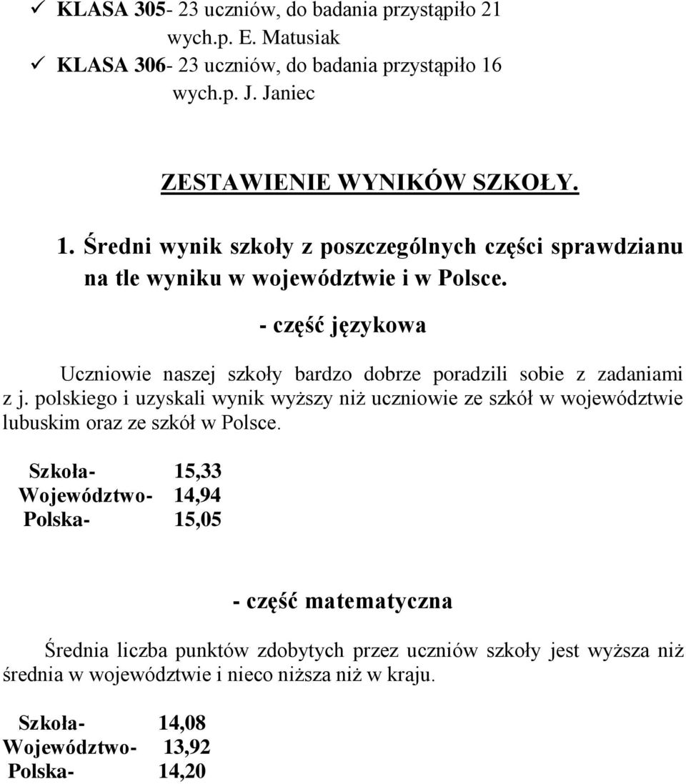 - część językowa Uczniowie naszej szkoły bardzo dobrze poradzili sobie z zadaniami z j.