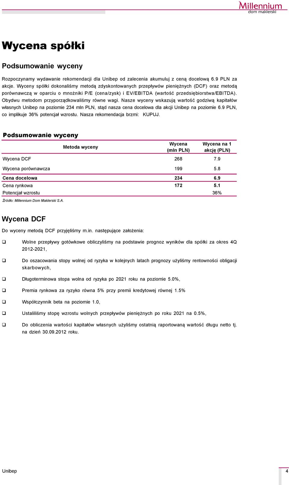 Obydwu metodom przyporządkowaliśmy rçwne wagi. Nasze wyceny wskazują wartość godziwą kapitałçw własnych na poziomie 234 mln PLN, stąd nasza cena docelowa dla akcji na poziomie 6.