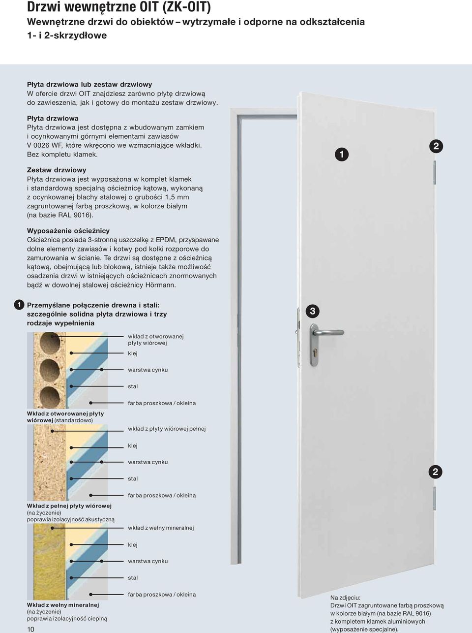 Płyta drzwiowa Płyta drzwiowa jest dostępna z wbudowanym zamkiem i ocynkowanymi górnymi elementami zawiasów V 0026 WF, które wkręcono we wzmacniające wkładki. Bez kompletu klamek.